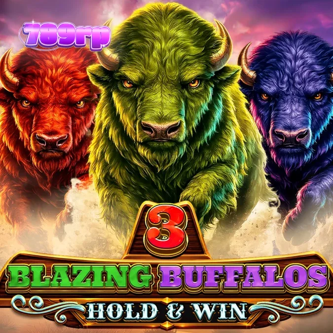 Tampilan visual slot 3 Blazing Buffalos dengan elemen neon dan simbol kerbau